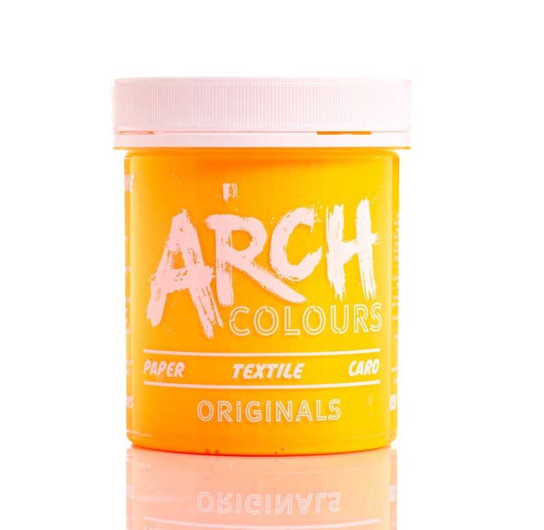 May include: A yellow plastic jar of orange fabric dye with the text "ARCH COLOURS ORIGINALS" on the front. The jar is labeled for use on paper, textile, and card.