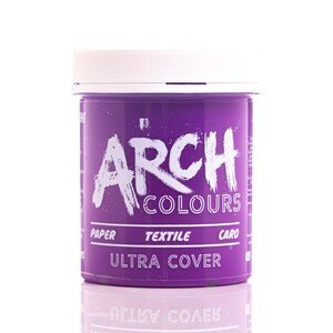 May include: A purple jar of Arch Colours paint. The jar has a white lid and white text that reads "Arch Colours", "Paper", "Textile", "Card", and "Ultra Cover".