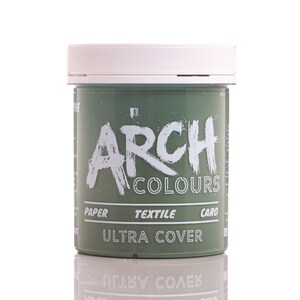 May include: A green jar of Arch Colours Ultra Cover paint for paper, textile, and card. The jar has a white lid and the text "Arch Colours" is written in white on the jar.