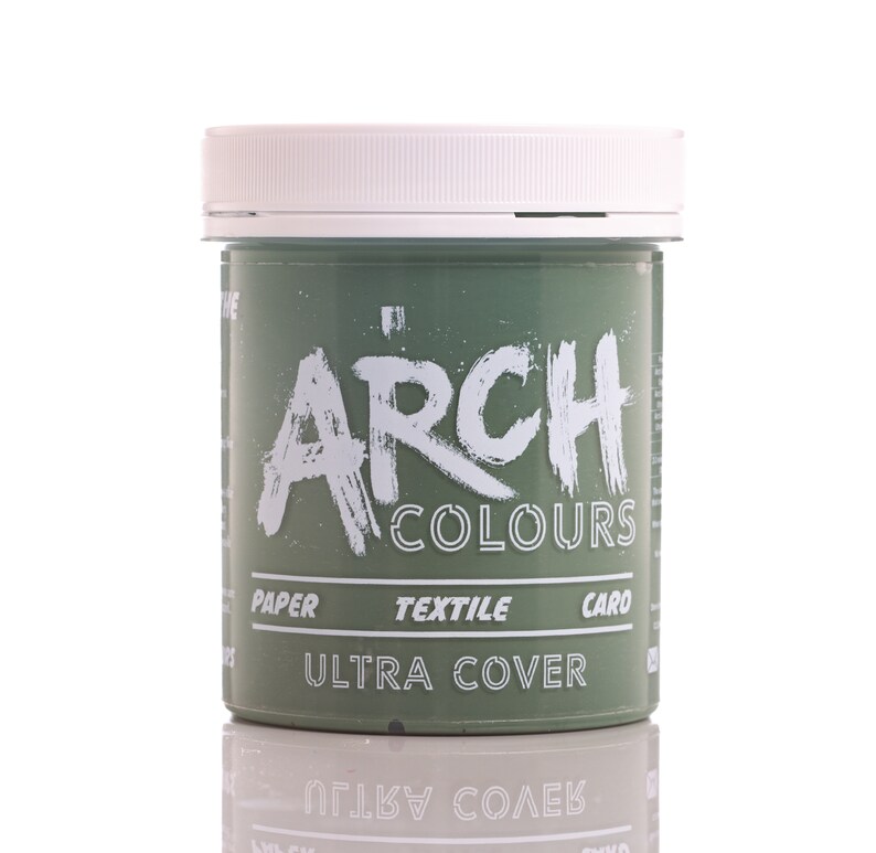 May include: A green jar of Arch Colours Ultra Cover paint for paper, textile, and card. The jar has a white lid and the text "Arch Colours" is written in white on the jar.