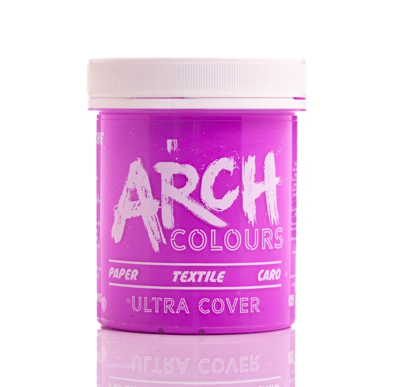 May include: A pink jar of hair dye with the text "ARCH COLOURS" and "ULTRA COVER" on the label. The jar is labeled for use on paper, textile, and card.