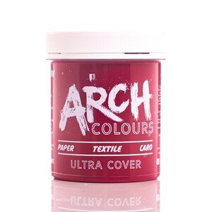 May include: A red plastic jar of Arch Colours Ultra Cover paint for paper, textile, and card. The jar has a white lid and white text.