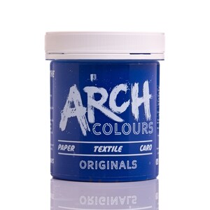 May include: A blue plastic jar with a white lid. The jar is labeled "Arch Colours Originals" with the words "Paper, Textile, Card" printed below.