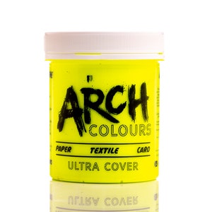 May include: A yellow plastic jar of neon yellow paint with the text "ARCH COLOURS" in black. The jar has the words "PAPER TEXTILE CARO ULTRA COVER" printed on the front.