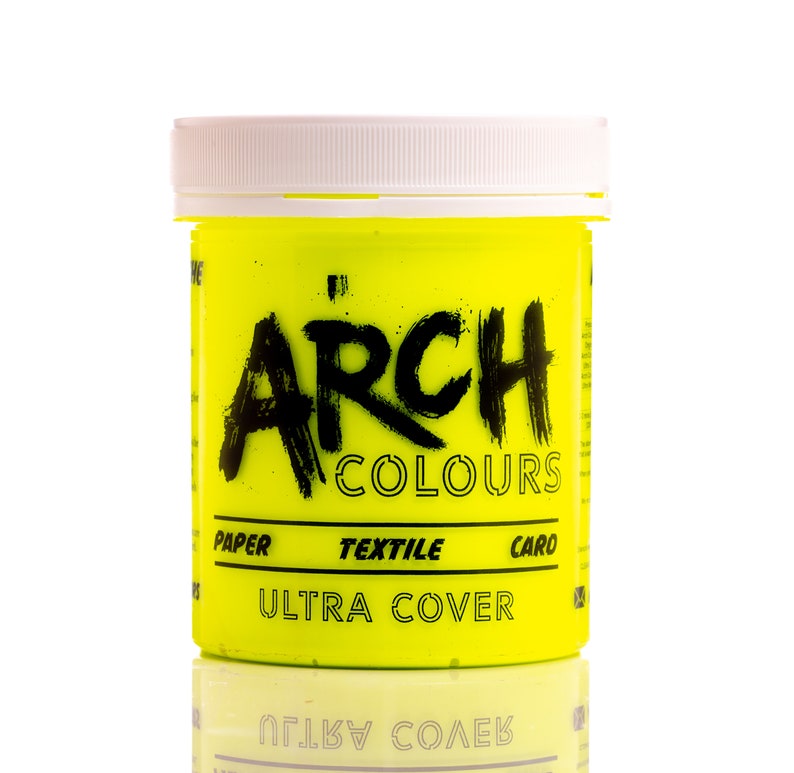 May include: A yellow plastic jar of neon yellow paint with the text "ARCH COLOURS" in black. The jar has the words "PAPER TEXTILE CARO ULTRA COVER" printed on the front.