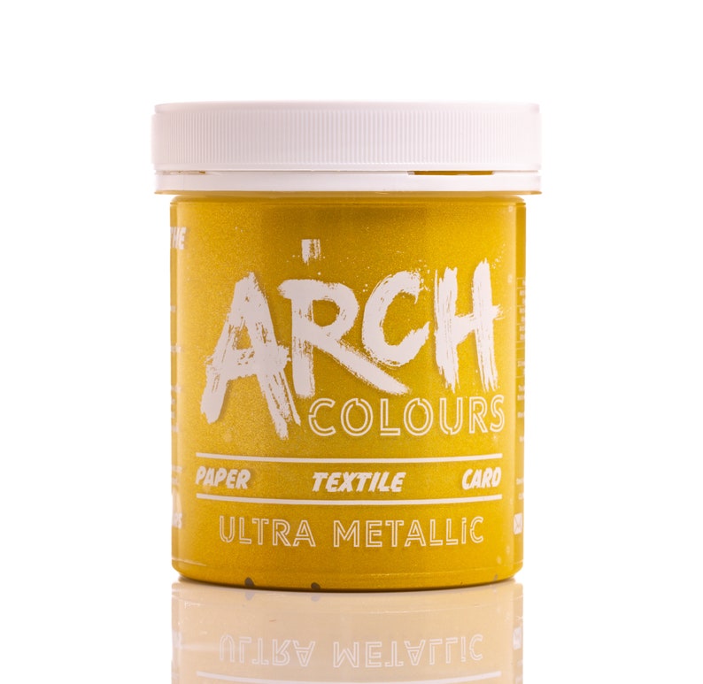 May include: A yellow jar of metallic paint labeled "Arch Colours Ultra Metallic" with the words "Paper, Textile, Card" printed below the label.