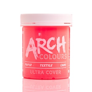 May include: A pink jar of hair dye with the text "ARCH COLOURS" and "ULTRA COVER" on the label. The jar is labeled for use on paper, textile, and card.