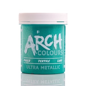 May include: A round plastic jar of teal blue metallic paint with a white lid. The jar has the words "Arch Colours" and "Ultra Metallic" printed on the front.