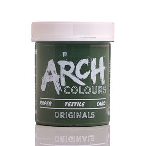 May include: A green plastic jar of Arch Colours Originals paint. The jar has a white lid and the text "Arch Colours Originals" is printed on the front. The text "Paper, Textile, Card" is printed below the brand name.