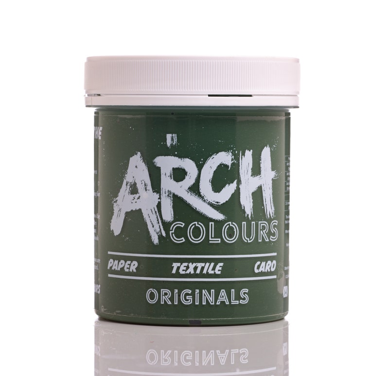 May include: A green plastic jar of Arch Colours Originals paint. The jar has a white lid and the text "Arch Colours Originals" is printed on the front. The text "Paper, Textile, Card" is printed below the brand name.