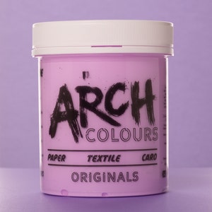 May include: A pink jar of Arch Colours paint. The jar has a white lid and black text that says "Arch Colours" and "Originals". The jar also has black text that says "Paper", "Textile", and "Card".
