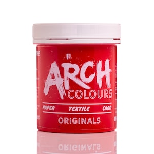 May include: A red plastic jar of Arch Colours Originals dye. The jar has a white lid and white text that reads "Arch Colours" and "Paper Textile Card Originals".