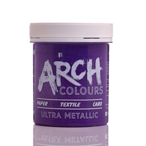 May include: A purple jar of Arch Colours Ultra Metallic paint. The jar has a white lid and the text "Arch Colours" is written in white on the front of the jar. The jar is labeled "Paper, Textile, Card".