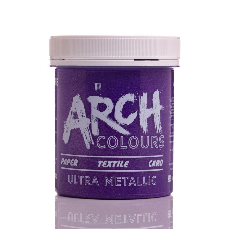 May include: A purple jar of Arch Colours Ultra Metallic paint. The jar has a white lid and the text "Arch Colours" is written in white on the front of the jar. The jar is labeled "Paper, Textile, Card".