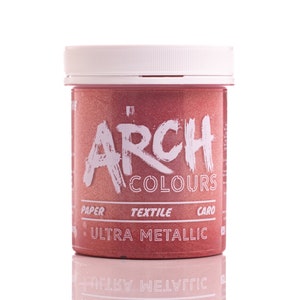 May include: A red metallic paint jar with the text "Arch Colours" and "Ultra Metallic" on the label. The jar is on a white surface.