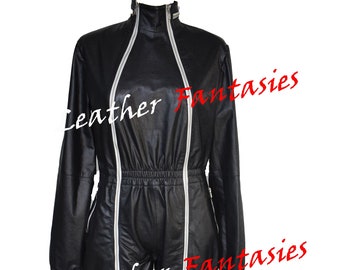 Women Genuine Leather Vintage Catsuit With Zippers Fastening Front & Elasticated Waist For Gothic Club wear