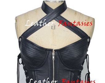 Women Genuine Leather Corset Steel Boned Over Bust Korsettkleid leder Back lace Closure Leather Shapewear/Leather bodice/Foundation Garment