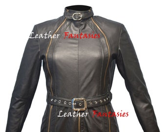 Real Leather Women's Overall Catsuit With Rear Zipper And Adjustable Waist Belt Jumpsuit and collar