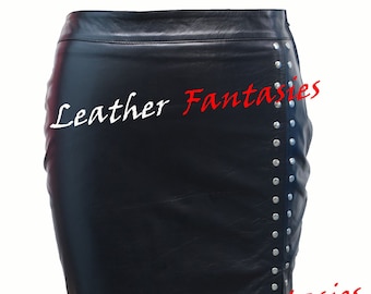 Women Genuine Black Leather High waist Pencil Skirt with Studded Slit Look For Club wear/Straight Slim fit style midi skirt for casual wear