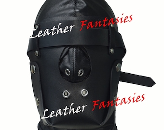 Genuine Leather bondage isolation hood with mouth zipper for sensory deprivation