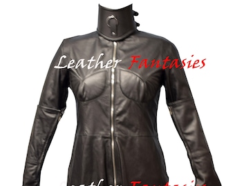 Echt leren dames bodysuit beperkt bondage slavenkostuum met kraag Handschoen / catsuit met gezichtsmasker en wanten Themafeest Erotische look