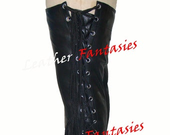 Genuine Leather Gothic styled Motor Biker Lace up Chaps with opened feet For Club wear/unisex Biker Zipper Chaps For Riding & cycling Wear