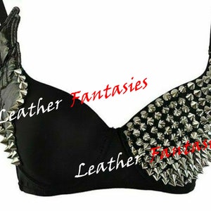 Genuine Leather Sexy Punk Push Up Bra Rivet Studded Bra Top Exotic Dancewear Burlesque Women Brassiere With Wing Bralette Back Club wear