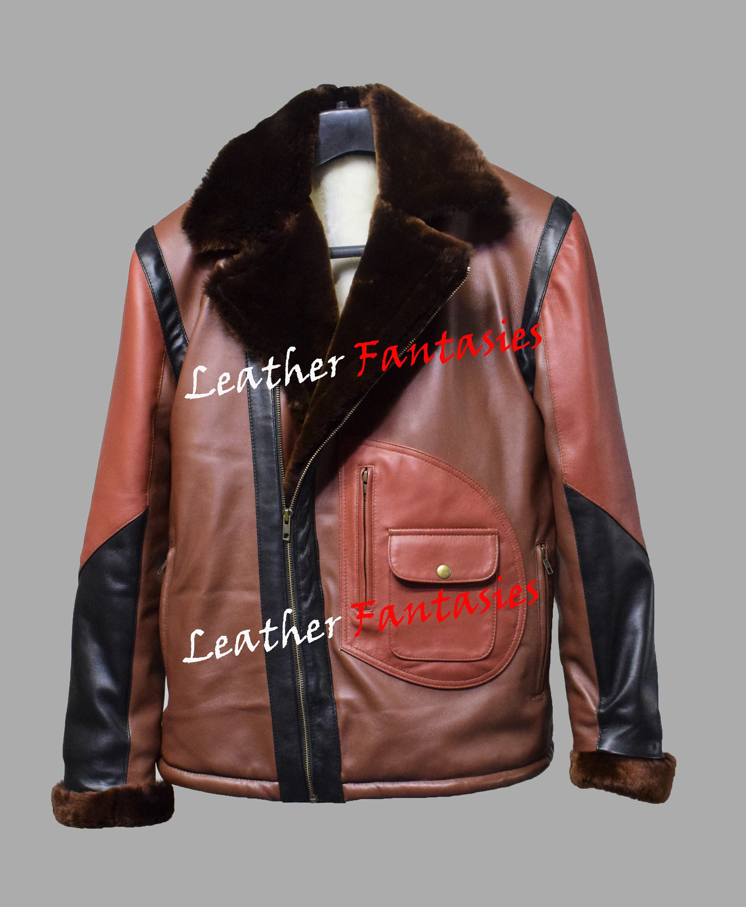 Sheep Skin Shearling jacket Real Leather Aviator Jacket Real Fur Coat for Men| Genuine Brown Leather Jacket Fur Collar And Cuffs For Unisex