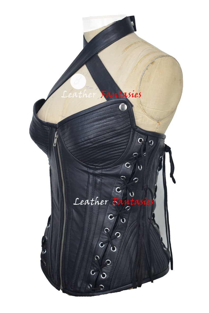 Women Genuine Leather Corset Steel Boned Over Bust Korsettkleid Leder