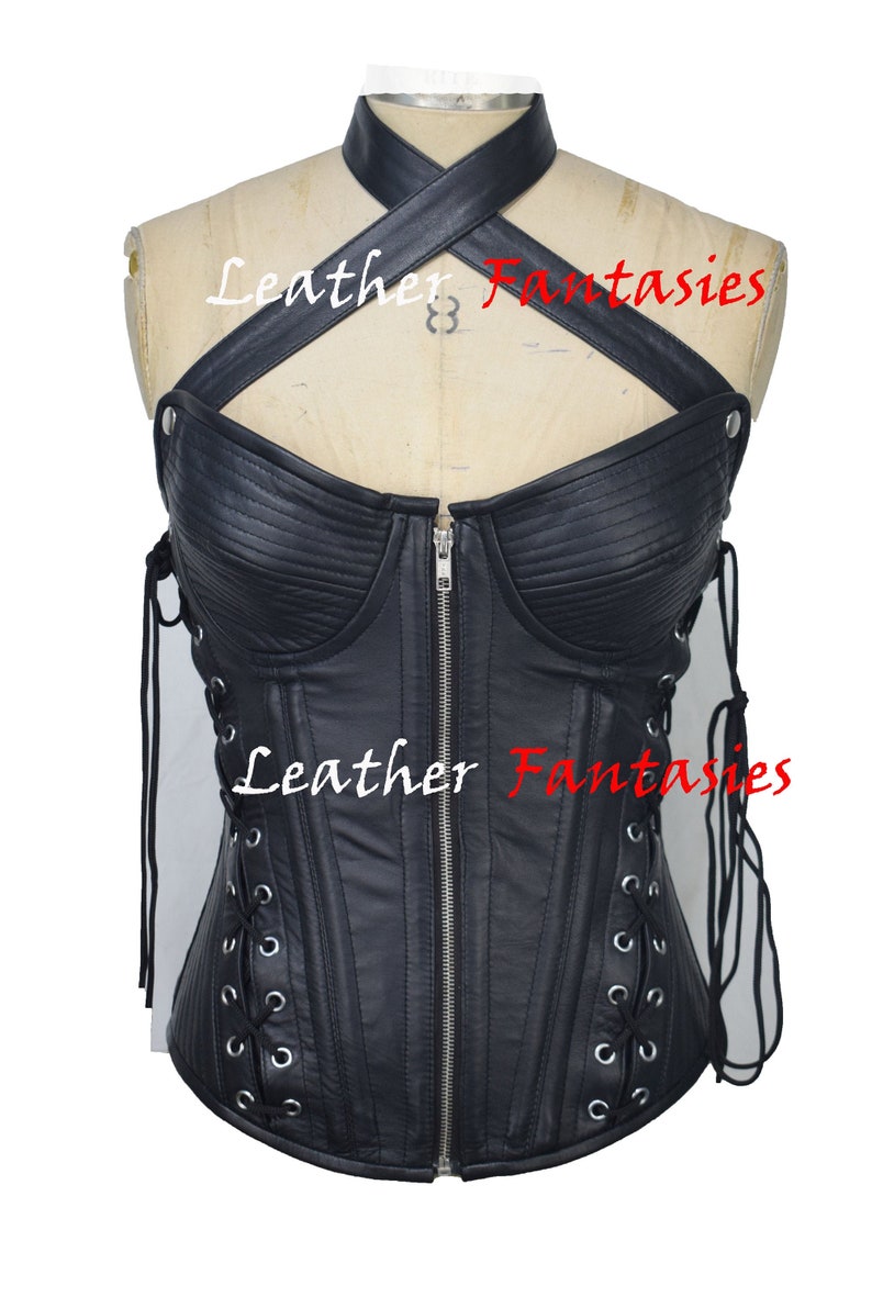Women Genuine Leather Corset Steel Boned Over Bust Korsettkleid Leder