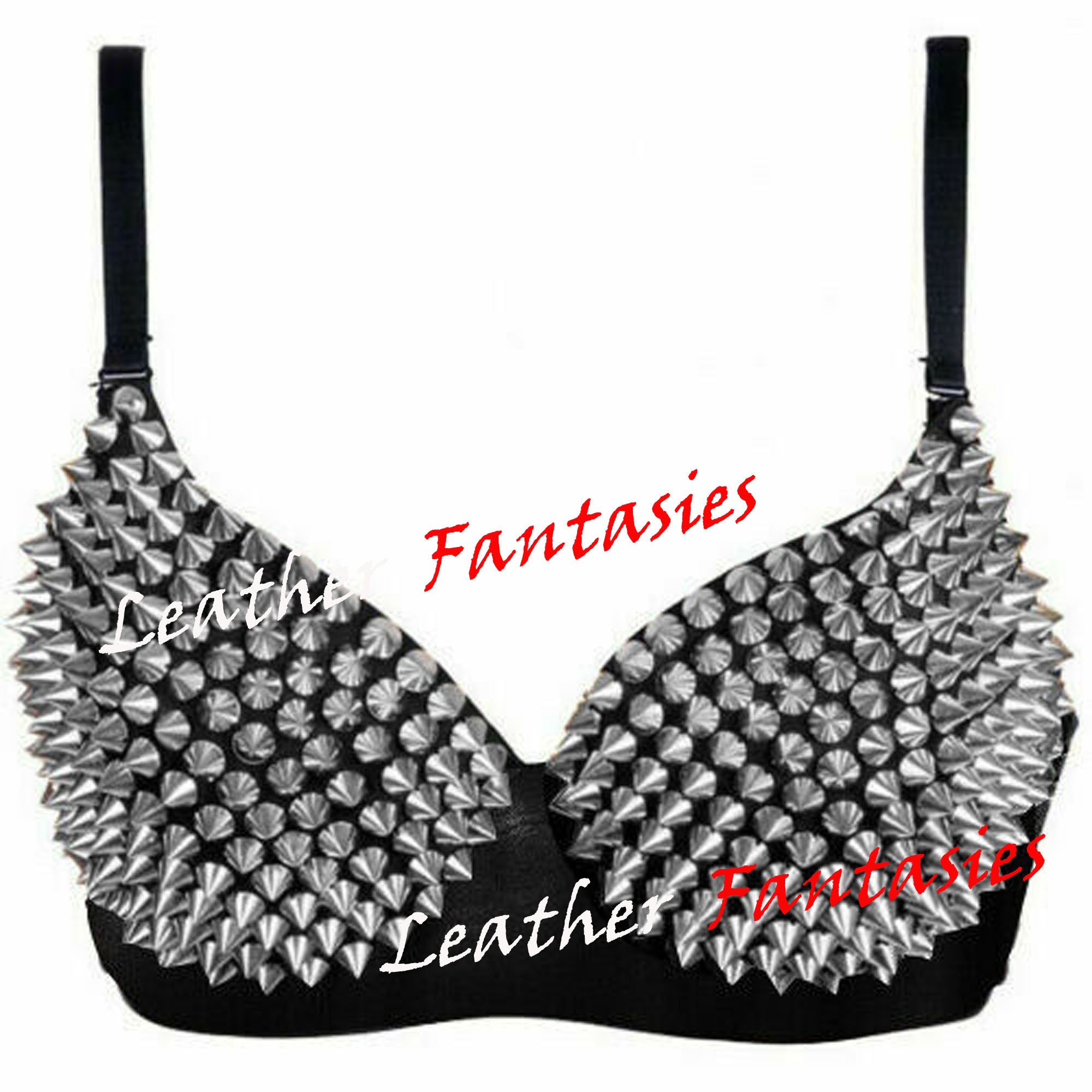 Womens Genuine Leather Silver Spikes Bra With Adjustable Back