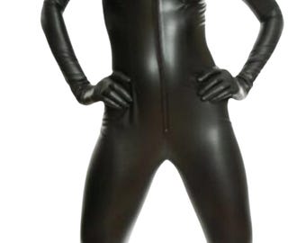 Women Genuine Leather Catsuit Black Leder Overall Jumpsuit Sexy Bust Underwired