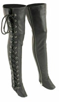 Women New Black Soft Genuine Leather Thigh High Side Laces Leggings Chaps \/ Real Black Leather Gothic Side Lacing Thigh High Legging Chaps product logo
