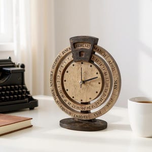 Wooden Calendar Desk Clock – Personalized Silent Table Clock, Natural Beech Wood Office Gift, Rustic Home Decor