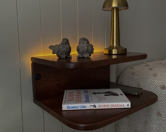 Wooden Floating Nightstand with LED Light - Wall Mounted Bedside Shelf