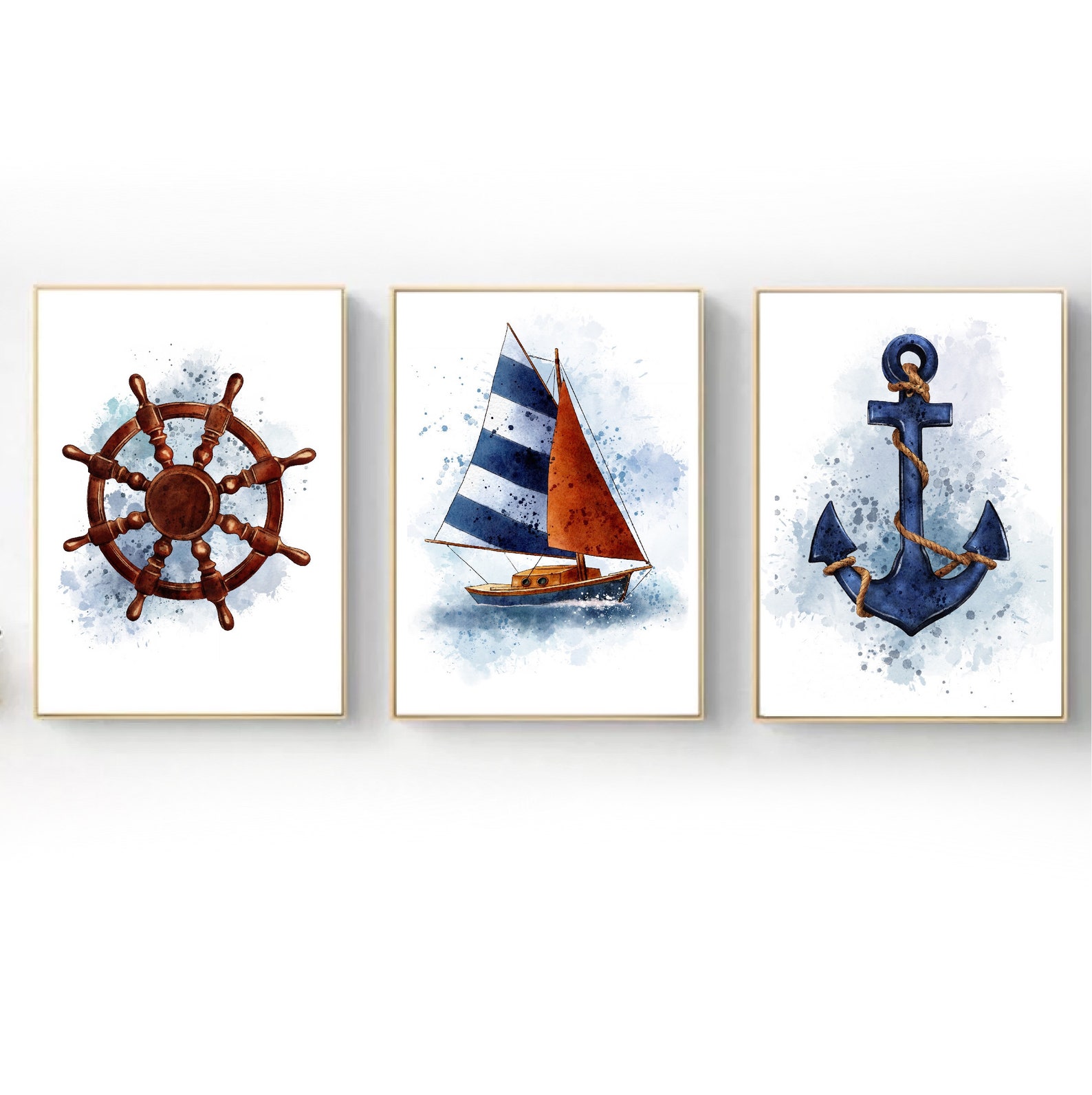 Set of 3 Nautical Wall Art Watercolor Nautical Wall Art Etsy