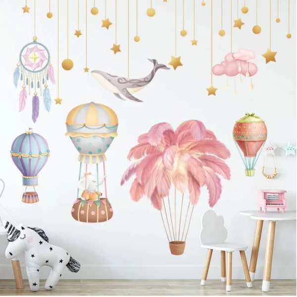 Nordic Feather Hot Air Ballon Wall Mural, Feather Hot Air Balloon Wall Sticker, Decorative Wall Decal