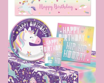 Lot de vaisselle licorne pour 8 personnes avec bannière GRATUITE, ensemble de fête licorne, décorations de fête licorne