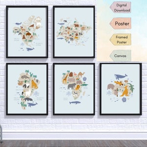 Tier Weltkarte | 5er Set Weltkarte | Reisethema Kinderzimmer | Gedrucktes Poster | Abenteuer Krankenschwester | Reise kinderzimmer | Wanderlust Kinderzimmer