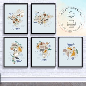May include: Set of four printable posters featuring maps of the continents with illustrations of animals native to each continent. The posters are framed in black and displayed on a white brick wall.