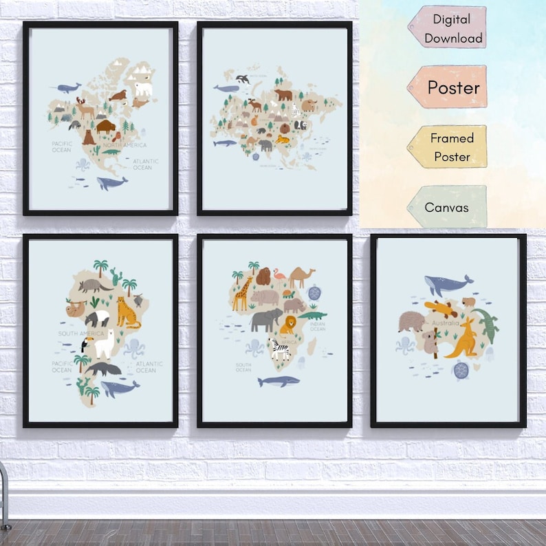 Animal World Map Set of Five World Map Travel Theme Nursery Printed