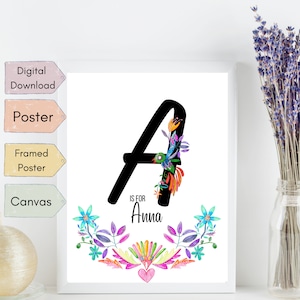 Carta floral personalizada | Design Mexicano | Flores Otomi | Placa de berçário com nome | Decoração de quarto de meninas | Impressão de letra do monograma da aquarela |