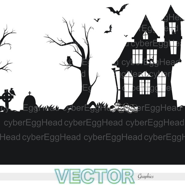 The Scary graveyard Svg, Halloween scene Svg, Haunted house skull Svg, Halloween costume party SVG, house silhouette, Halloween Decoration