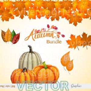 May include: An autumn-themed vector graphics bundle featuring pumpkins, fall leaves, and the text "Autumn Bundle." The pumpkins are orange and white, with green stems. The leaves are in shades of orange, brown, and green.