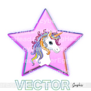 May include: A pink star with a white unicorn head with a rainbow mane and horn inside. The text "VECTOR Graphics" is below the star.