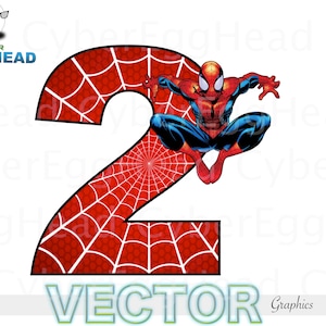 Puede incluir: Un n&uacute;mero 2 rojo con un dise&ntilde;o de telara&ntilde;a blanca, con Spider-Man. La imagen incluye el texto "VECTOR Graphics" y el logotipo de CyberEggHead.