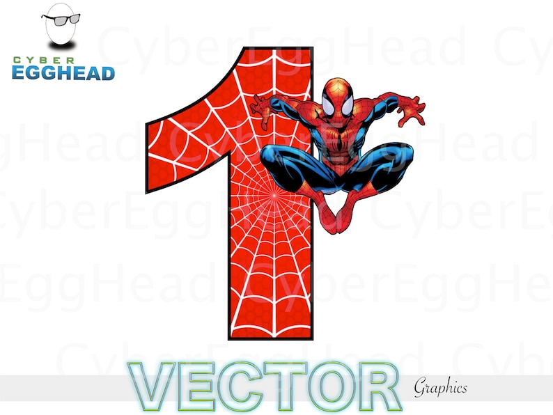 Puede incluir: Un n&uacute;mero uno rojo con un dise&ntilde;o de telara&ntilde;a, con un gr&aacute;fico de Spider-Man. El superh&eacute;roe est&aacute; en una pose din&aacute;mica, con un traje azul y rojo. La imagen incluye el texto "VECTOR Graphics" y un logotipo.