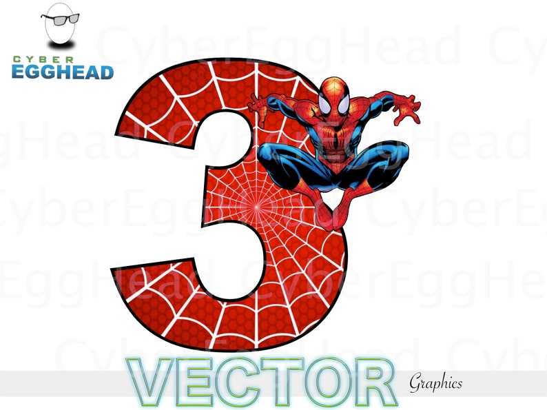 Puede incluir: Gr&aacute;fico digital con el n&uacute;mero 3 en rojo con un dise&ntilde;o de telara&ntilde;a blanca y el personaje de Spider-Man. La palabra "VECTOR" est&aacute; en la parte inferior. El logotipo de CyberEggHead est&aacute; en la esquina superior izquierda.