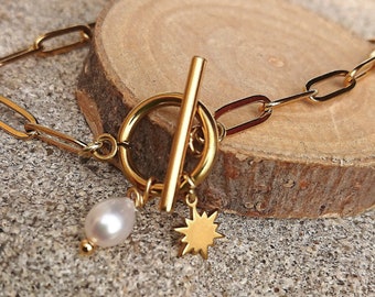 Bracelet mailles rectangulaire à breloques en acier inox 316L doré perle d'eau douce