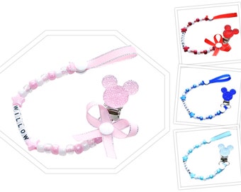 Personalised Dummy Clip Pacifier Holder Dummy Chain Silver Edge Ribbon Mickey Mouse Ear Bling Head Dummy Holder